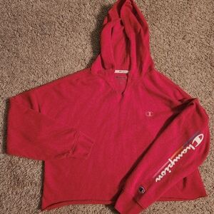 Red Champion Cropped Hoodie Raw Hem Sweatshirt Womens L